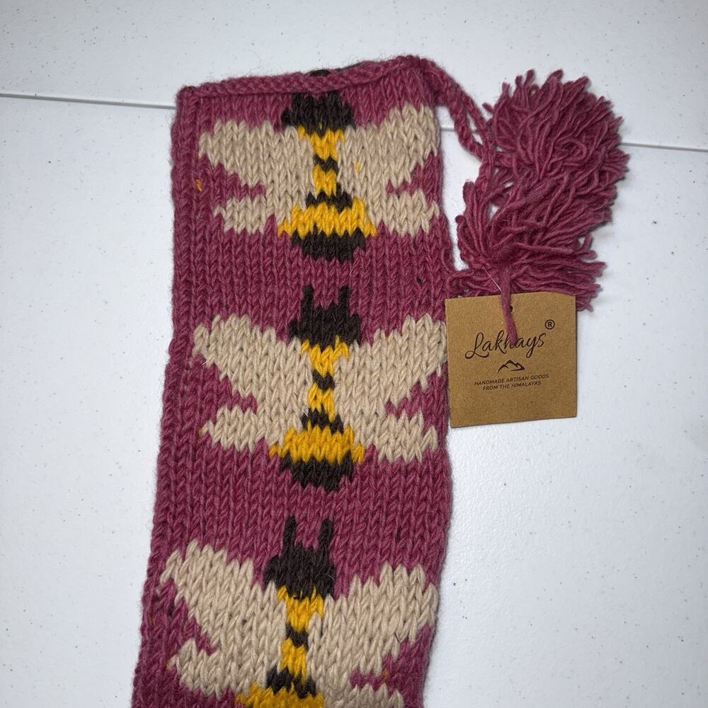 Lakhays 100% Wool Handknit Cottage Holiday Stocking Honeybee Pink Christmas NWT - Picture 3 of 7